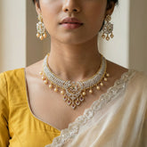 Diamond finish peacock bridal necklace with pearl drop(With Earrings)