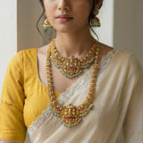 temple/antique jadau kundan combo (Long & short) goddess laxmi necklace with pearl and natural strawberry beads(With Earrings)