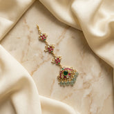 Jadau kundan tika with pearl drop and natural strawberry beads