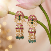 Jadau Kundan Peacock Jhumkas Pearls and Natural Strawberry Beads