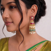 Jadau Kundan Floral Jhumkas Pearls and Natural Strawberry Beads