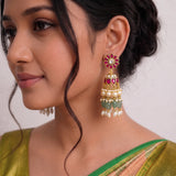 Jadau Kundan Floral Jhumkas Pearls and Natural Strawberry Beads