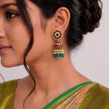 Jadau Kundan Floral Jhumkas with Pearls and Natural Strawberry Beads