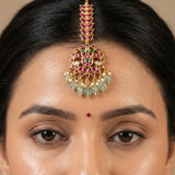 Jadau kundan tika with pearl drop and natural strawberry beads