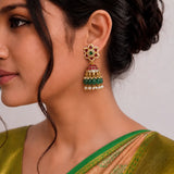 Jadau Kundan Floral Jhumkas with Rice Pearls Natural Strawberry Beads