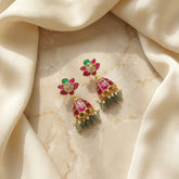 Jadau kundan floral Jhumkas with Natural Strawberry beads