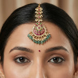 Jadau kundan tika with pearl drops and Natural strawberry beads