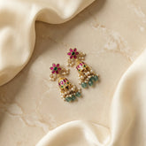Jadau kundan floral jhumkas with pearl drop and natural strawberry beads