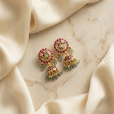 Jadau Kundan peacock jhumkas with pearls and Natural Strawberry beads