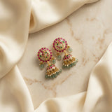 Jadau Kundan peacock jhumkas with pearls and Natural Strawberry beads