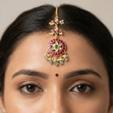 Jadau kundan floral tika with pearl drop and natural strawberry beads
