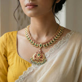 Jadau kundan peacock Mango necklace set with pearl drop and natural strawberry beads(No earrings)