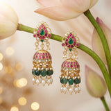 Jadau Kundan Floral Jhumkas with Rice Pearls Natural Strawberry Beads