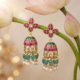 Jadau Kundan Leafs Jhumkas Rice Pearls with Natural Strawberry Beads