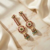 Jadau kundan jhumkas + matil pearl drop and natural strawberry beads