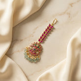 Jadau kundan tika with pearl drop and natural strawberry beads