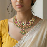 Jadau kundan peacock necklace with pearl and natural strawberry beads drops (No earrings)