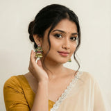 Jadau kundan leaf jhumkas with Natural Strawberry beads