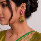 Jadau Kundan Floral Jhumkas with Pearls and Natural Strawberry Beads Drop