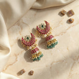 Jadau kundan Moon Jhumkas with pearl and natural strawberry beads