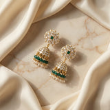 Jadau Moissonite jhumkas with pearl and natural strawberry beads drop
