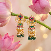 Jadau Kundan Chand Bali Floral Jhumkas with Pearl & Natural Strawberry Beads