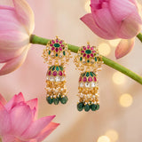 Jadau Kundan Chand Bali Floral Jhumkas with Pearl & Natural Strawberry Beads