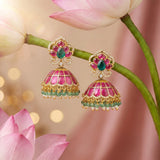 Jadau Kundan Floral Zircon Jhumkas with Pearl & Onyx Beads