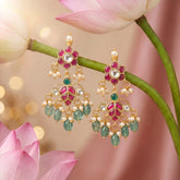 Jadau Kundan Floral Leaf Earrings Drop With Pearl & Natural Strawberry Beads