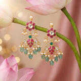 Jadau Kundan Floral Leaf Earrings Drop With Pearl & Natural Strawberry Beads