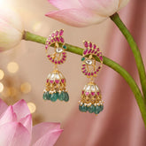 Jadau Kundan Peacock Jhumkas with Pearl and Natural Strawberry Beads
