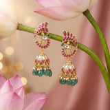 Jadau Kundan Peacock Jhumkas with Pearl and Natural Strawberry Beads