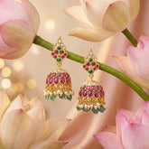 Jadau Kundan Leaf Shape Jhumkas with Pearl & Natural Strawberry Beads