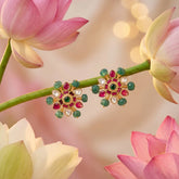 Jadau Kundan Floral studs With Pearl & Pumpkin Beads