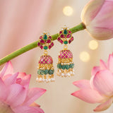 Jadau Kundan Unique Jhumkas With RicePearl & Natural Strawberry Beads