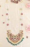 Jadau Kundan Peacock Pearls/Beads Mala with side lockets and Natural Strawberry Beads