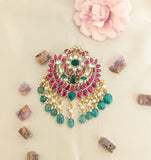 Jadau Kundan Peacock Floral Pendant With Pearl and Natural Strawberry Beads