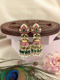Jadau Kundan Floral Jhumkas with Rice Pearls Natural Strawberry Beads