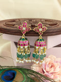 Jadau Kundan Leafs Jhumkas Rice Pearls with Natural Strawberry Beads