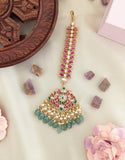 Jadau Kundan Bridal Peacock Tika with Pearls and Natural Strawberry Beads