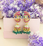 Jadau Kundan Peacock Jhumkas with Pearl and Natural Strawberry Beads