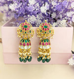 Jadau Kundan Chand Bali Floral Jhumkas with Pearl & Natural Strawberry Beads