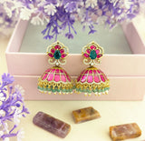 Jadau Kundan Floral Zircon Jhumkas with Pearl & Onyx Beads
