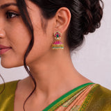 Jadau Kundan Floral Zircon Jhumkas with Pearl & Onyx Beads