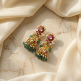 jadau kundan jhumkas with pearl drop and natural strawberry beads