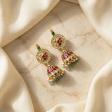 Jadau kundan Navratna jhumkas with pearl drop and natural strawberry beads