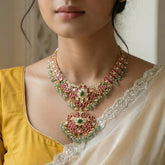 Jadau Kundan peacock necklace with pearl drops and natural strawberry beads (No earrings)