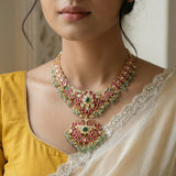 Jadau Kundan peacock necklace with pearl drops and natural strawberry beads (No earrings)