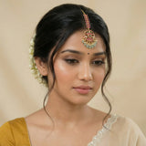 Jadau kundan tika with pearl drop and natural strawberry beads