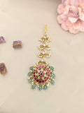 Jadau Kundan floral tika with pearls drops and natural strawberry beads